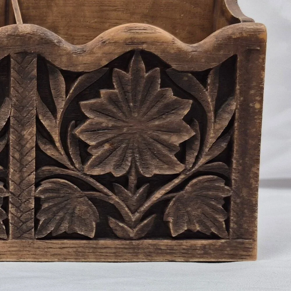 Vintage Lerner Brown Faux Carved Wood Office Desktop Organizer MCM 70's